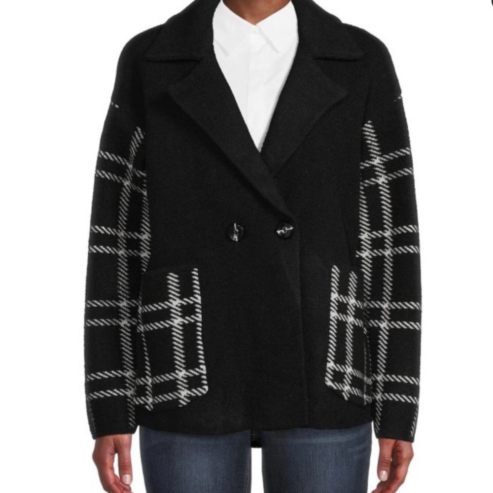 Magaschoni L Black White Checkered Cardigan/Coat/Sweater Drop Shoulder Heavy